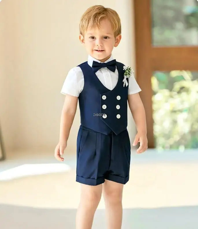 Costume formel bleu marine pour tout-petit garçon, gilet et short, avec chemise blanche et nœud papillon 