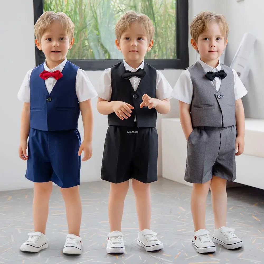 Costume formel bleu marine pour tout-petit garçon, gilet et short, avec chemise blanche et nœud papillon 