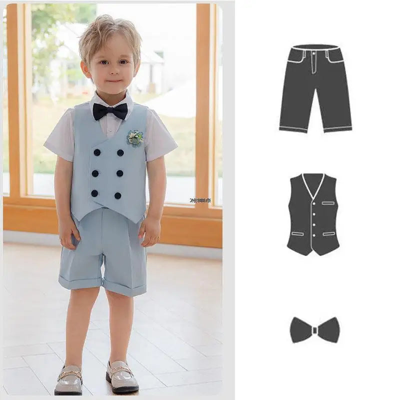 Costume formel bleu marine pour tout-petit garçon, gilet et short, avec chemise blanche et nœud papillon 