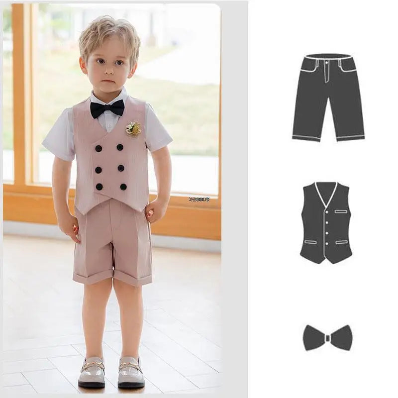 Costume formel bleu marine pour tout-petit garçon, gilet et short, avec chemise blanche et nœud papillon 