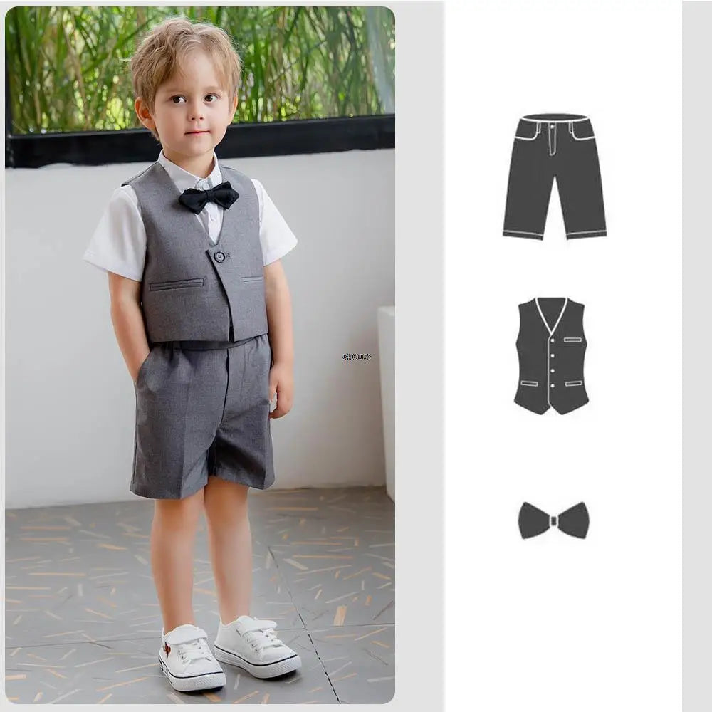 Costume formel bleu marine pour tout-petit garçon, gilet et short, avec chemise blanche et nœud papillon 