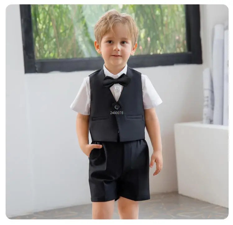Costume formel bleu marine pour tout-petit garçon, gilet et short, avec chemise blanche et nœud papillon 