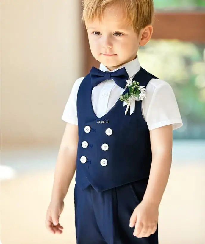 Costume formel bleu marine pour tout-petit garçon, gilet et short, avec chemise blanche et nœud papillon 
