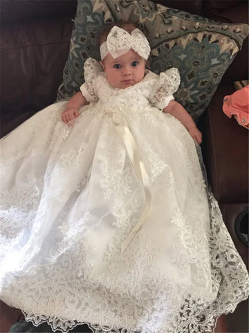 White Lace Baby Christening Gown with Matching Bonnet and Satin Ribbon