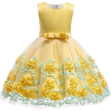 Yellow Sleeveless Flower Appliqué Bow Waist Ball Gown Dress For Girls