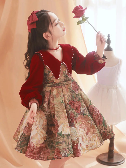 Toddler Girls Velvet Floral Dress with Long Puff Sleeves and Bow Details