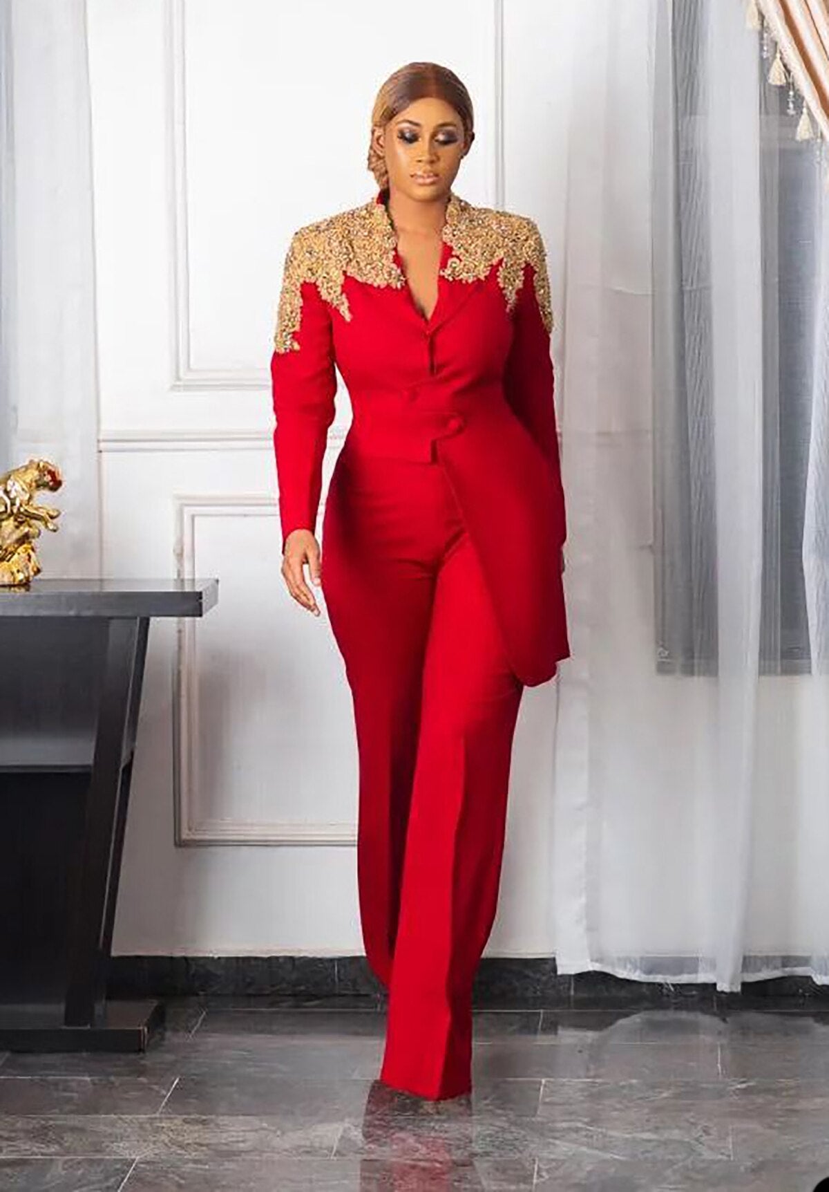 Trajes de pantalón para madre de la novia con apliques de cuentas, color rojo, para mujer, formal, de noche, para fiesta, talla grande, blazer, 2 piezas 