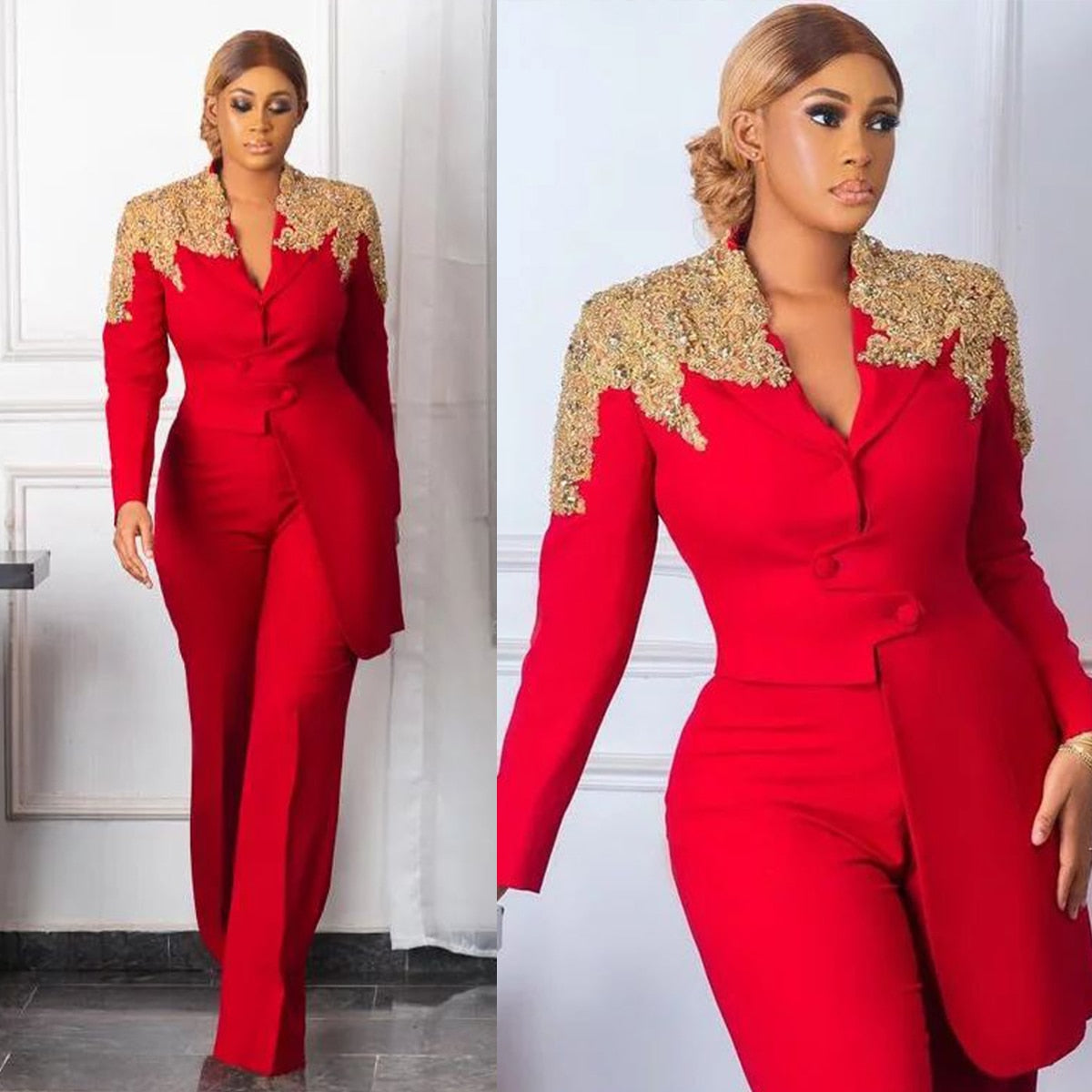 Trajes de pantalón para madre de la novia con apliques de cuentas, color rojo, para mujer, formal, de noche, para fiesta, talla grande, blazer, 2 piezas 