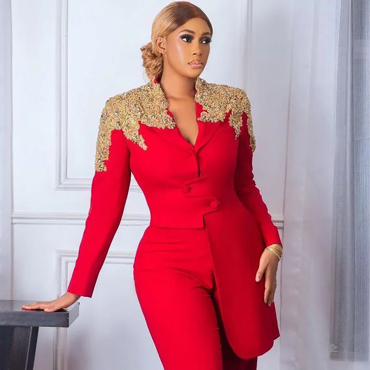 Trajes de pantalón para madre de la novia con apliques de cuentas, color rojo, para mujer, formal, de noche, para fiesta, talla grande, blazer, 2 piezas 