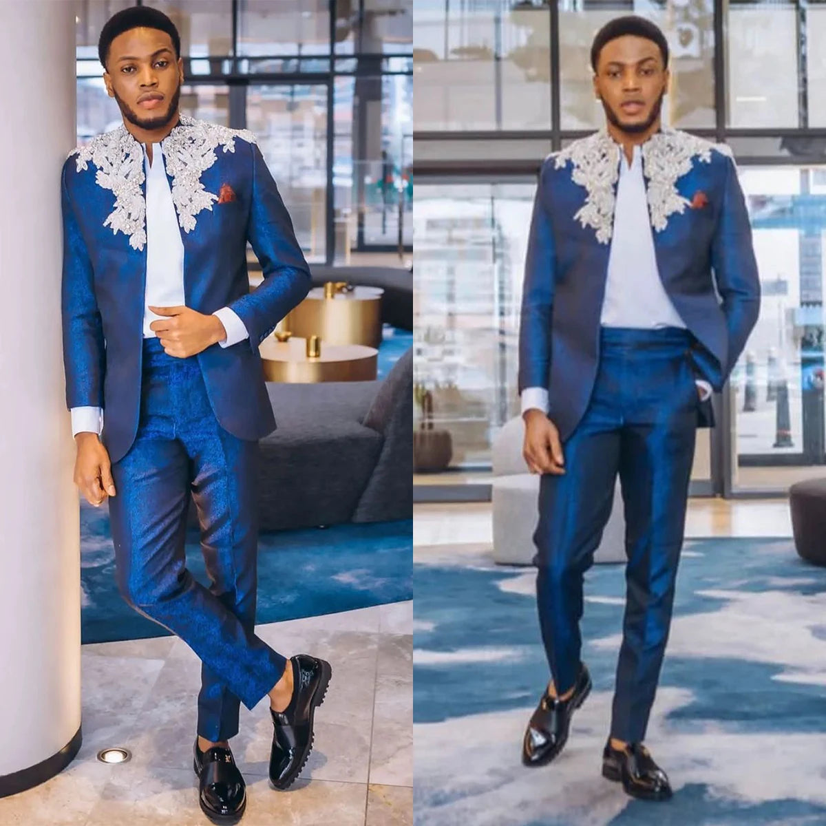 Traje de boda para hombre, 2 piezas, azul marino, con apliques de cuentas, esmoquin formal para novio, corte entallado, pantalón y chaqueta.