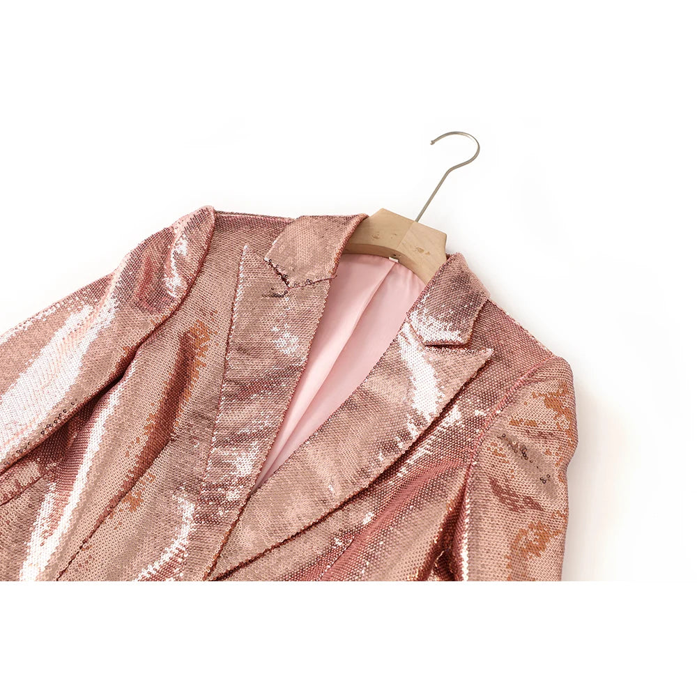 Beautiful Champagne Color Party Design Shining Eye-catching Women Chic Sequined Blazer Shorts Suits 2PCs Sets
