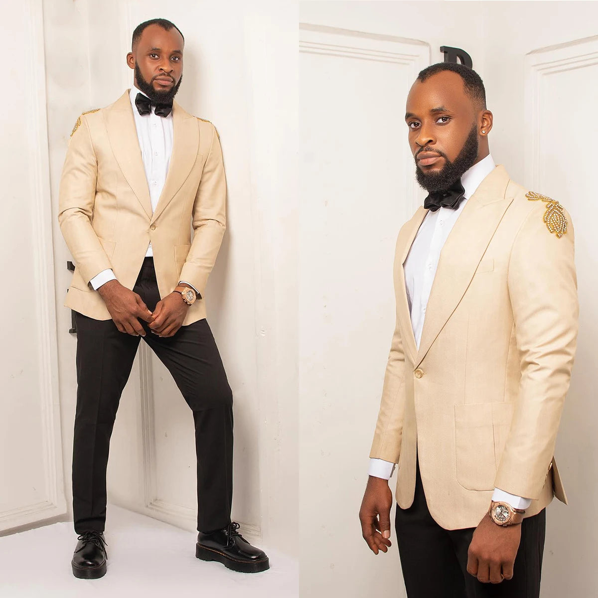 Esmoquin de boda beige para hombre, con flores y cuentas, 2 piezas, chaqueta, pantalón negro, para fiesta y cumpleaños