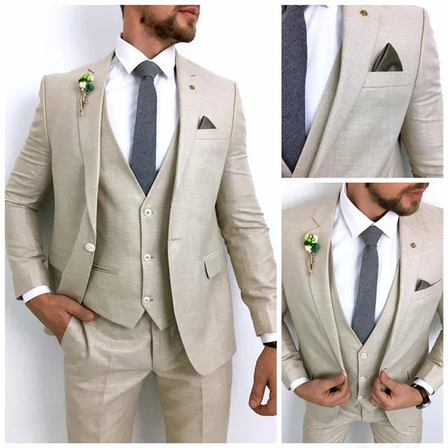 Costume homme beige à revers crantés, un bouton, 3 pièces, costume homme marié, mariage, coupe slim, veste blazer, pantalon et gilet 