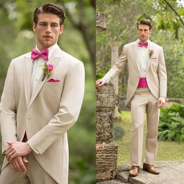 Men's Beige Tuxedo with Pink Bow Tie and Cummerbund Floral Boutonniere Set