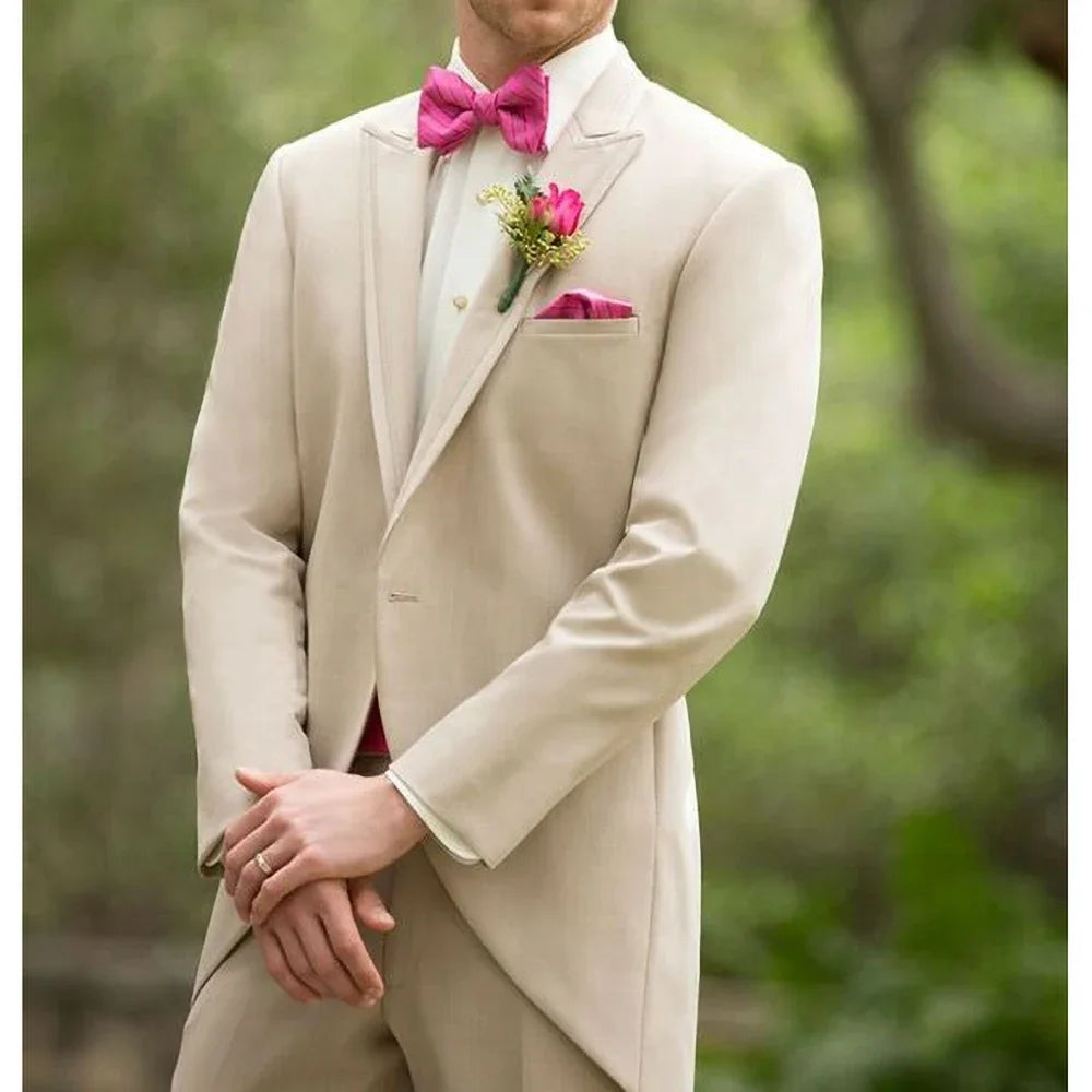 Men's Beige Tuxedo with Pink Bow Tie and Cummerbund Floral Boutonniere Set