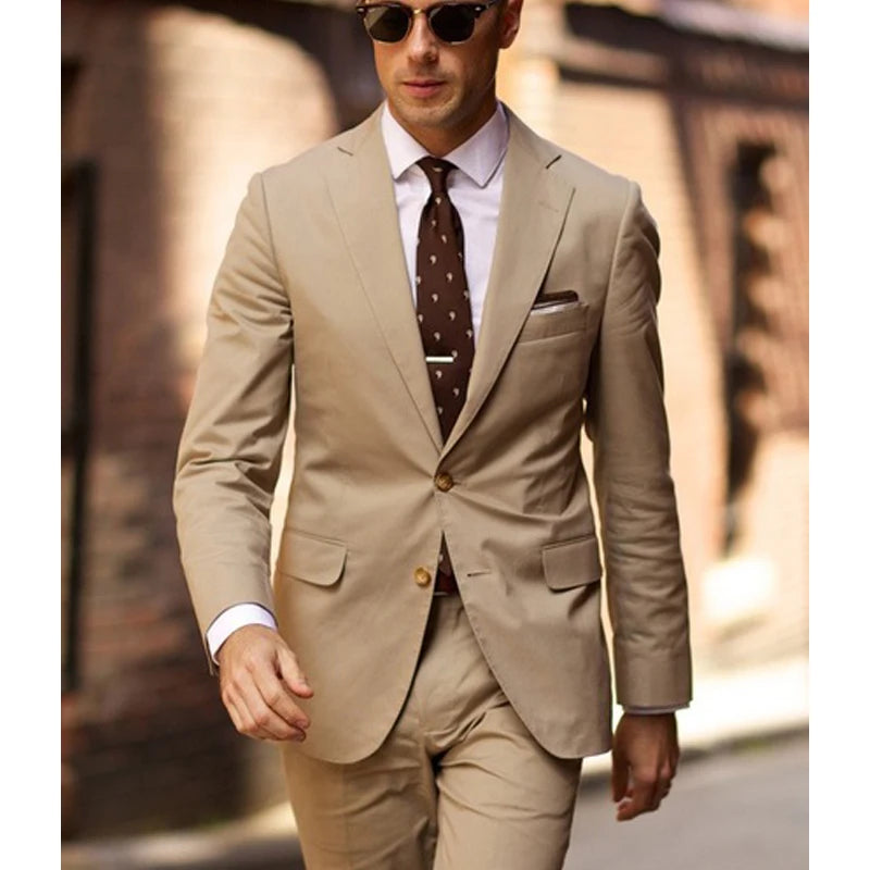 Costume de mariage beige slim fit pour homme, smoking 2 pièces, veste et pantalon, blazer dernier cri