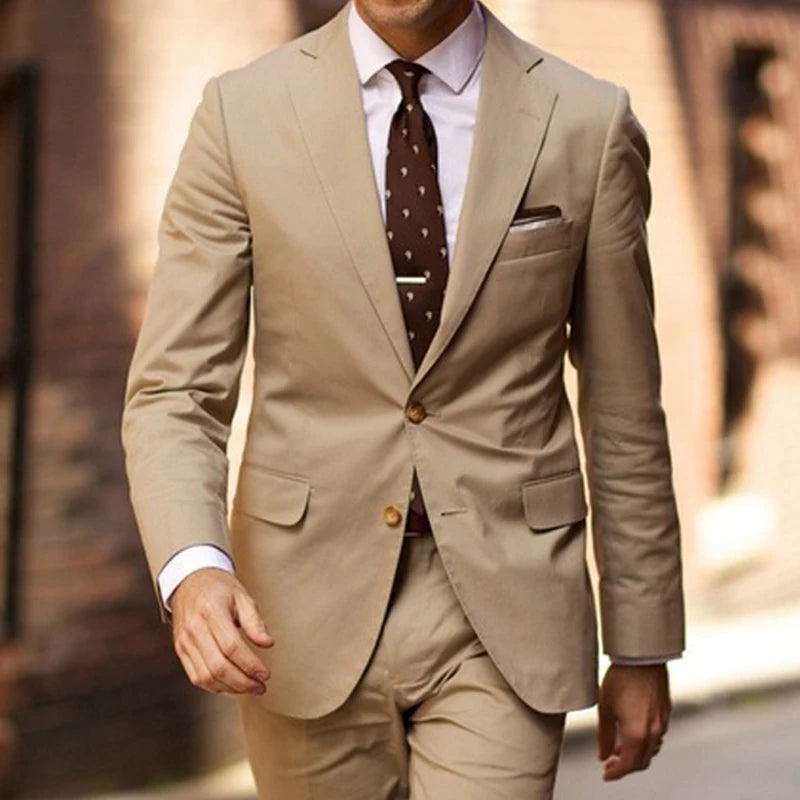 Trajes de boda beige ajustados para hombre, para cena, esmoquin de novio, 2 piezas, chaqueta de moda masculina con pantalones, blazer de último diseño.