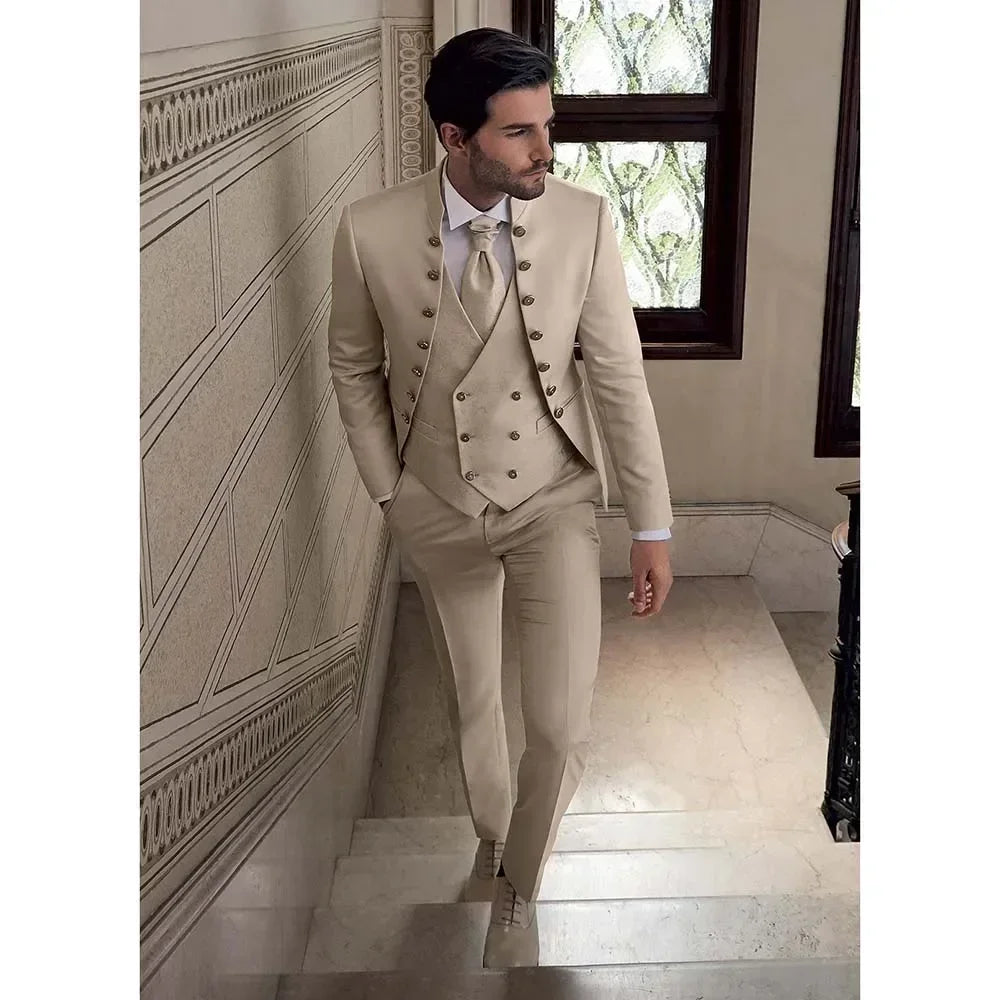 Trajes beige para hombre, 3 piezas, cuello alto, doble botonadura, corte entallado, informal, formal, elegante, para novio, boda, esmoquin