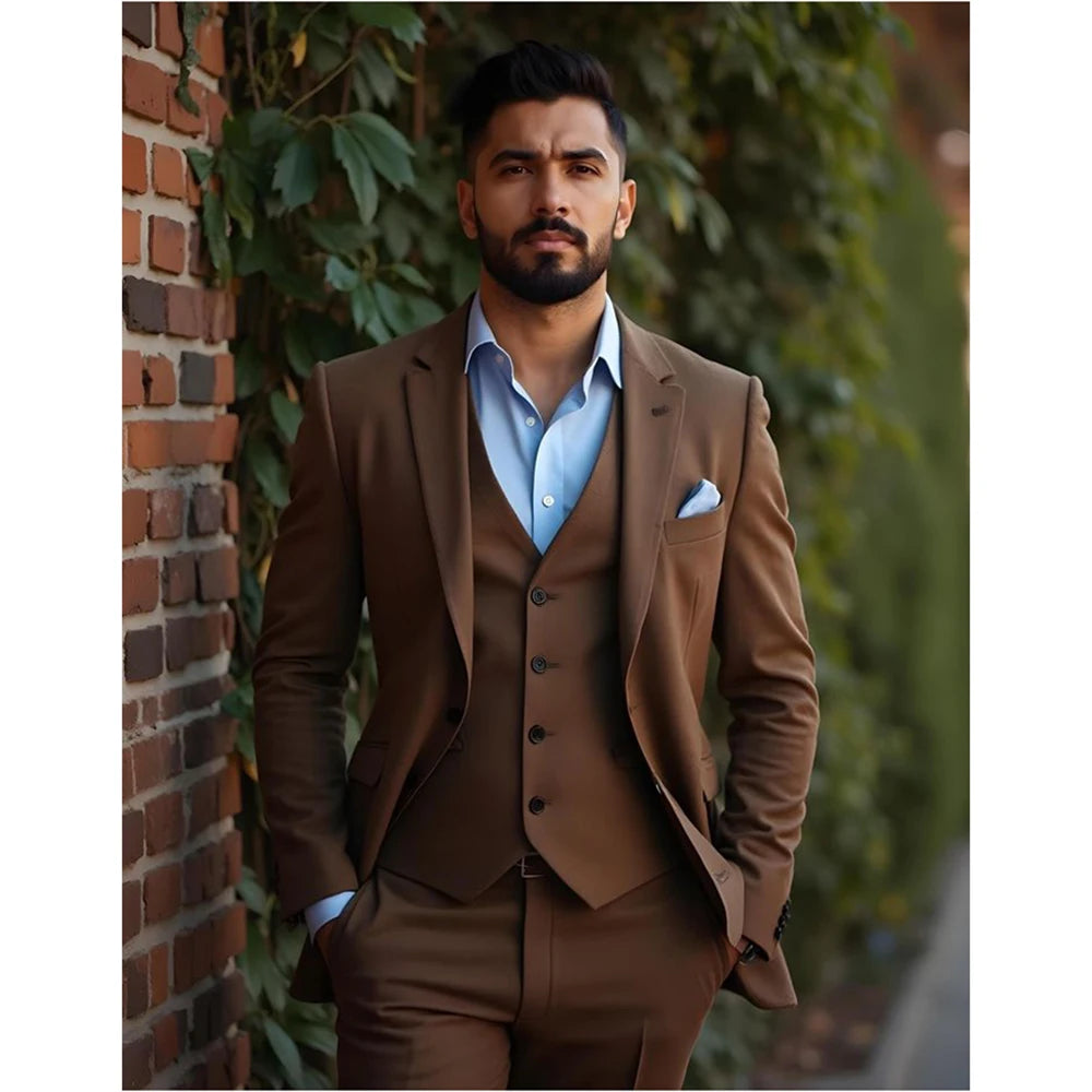 Trajes de hombre a medida de color liso, de botonadura sencilla, con solapa de muesca, corte entallado, conjuntos de boda elegantes de 3 piezas, chaqueta, pantalón, chaleco y blazer.