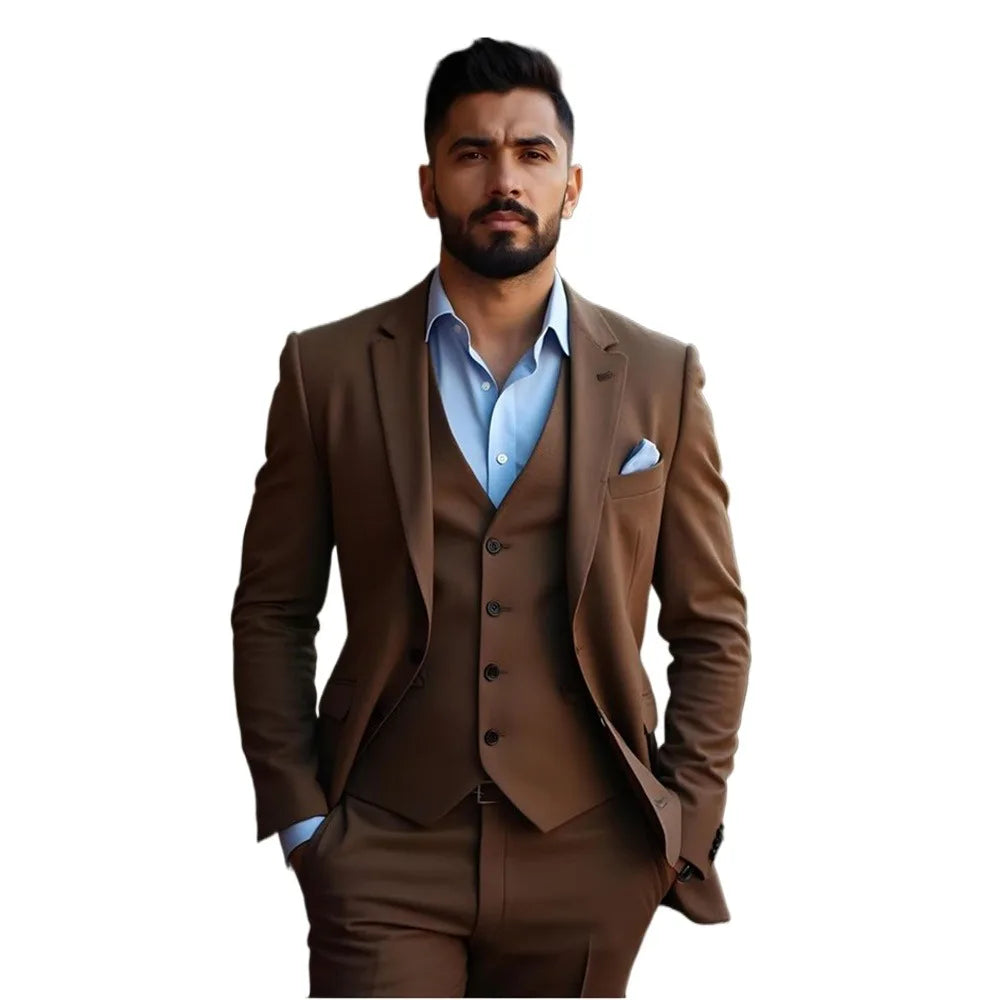 Trajes de hombre a medida de color liso, de botonadura sencilla, con solapa de muesca, corte entallado, conjuntos de boda elegantes de 3 piezas, chaqueta, pantalón, chaleco y blazer.