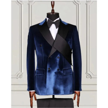 Bespoken Velvet Men's Suits With Black Chest Blet Double Breasted Costume Homme Slim Fit Wedding Tuxedo Dress 2 Pcs Jacket Pant