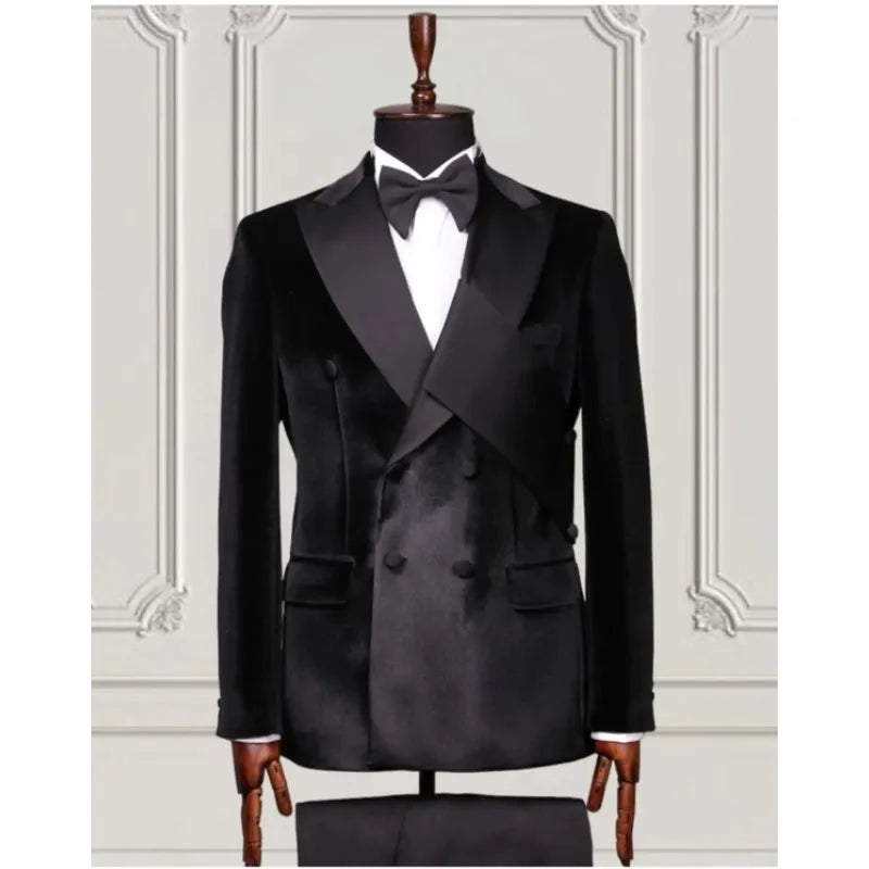Costume homme en velours sur mesure avec ceinture noire sur la poitrine, croisé, coupe slim, smoking de mariage, 2 pièces, veste et pantalon 