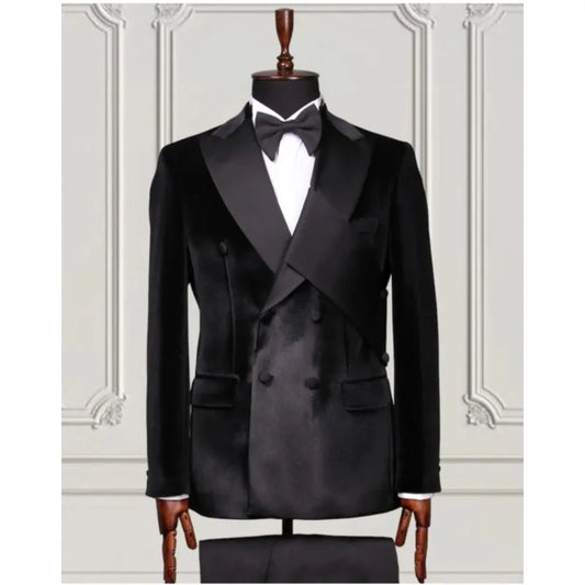 Bespoken Velvet Men's Suits With Black Chest Blet Double Breasted Costume Homme Slim Fit Wedding Tuxedo Dress 2 Pcs Jacket Pant