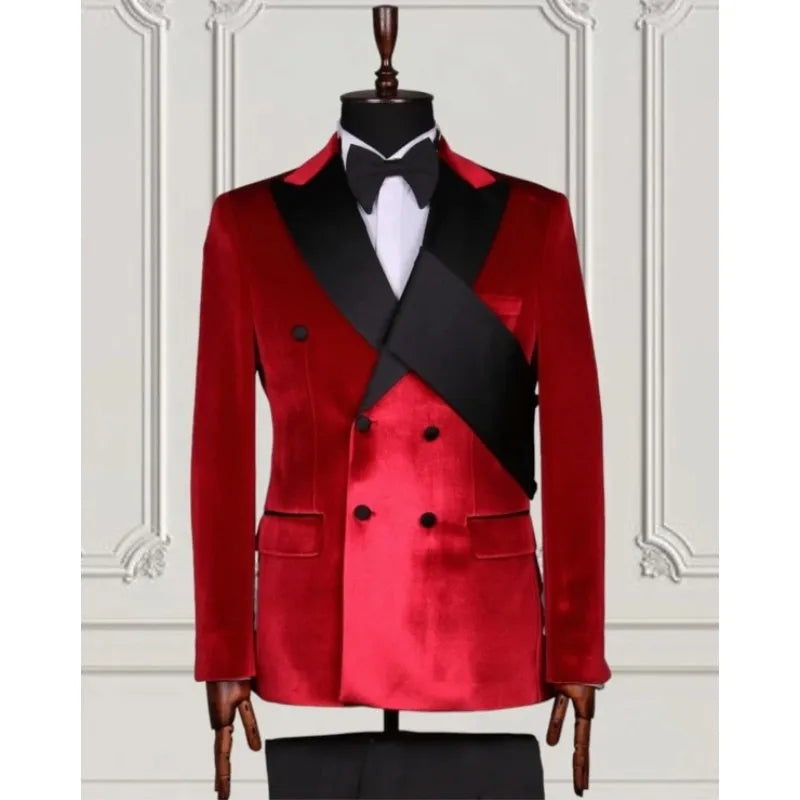 Bespoken Velvet Men's Suits With Black Chest Blet Double Breasted Costume Homme Slim Fit Wedding Tuxedo Dress 2 Pcs Jacket Pant