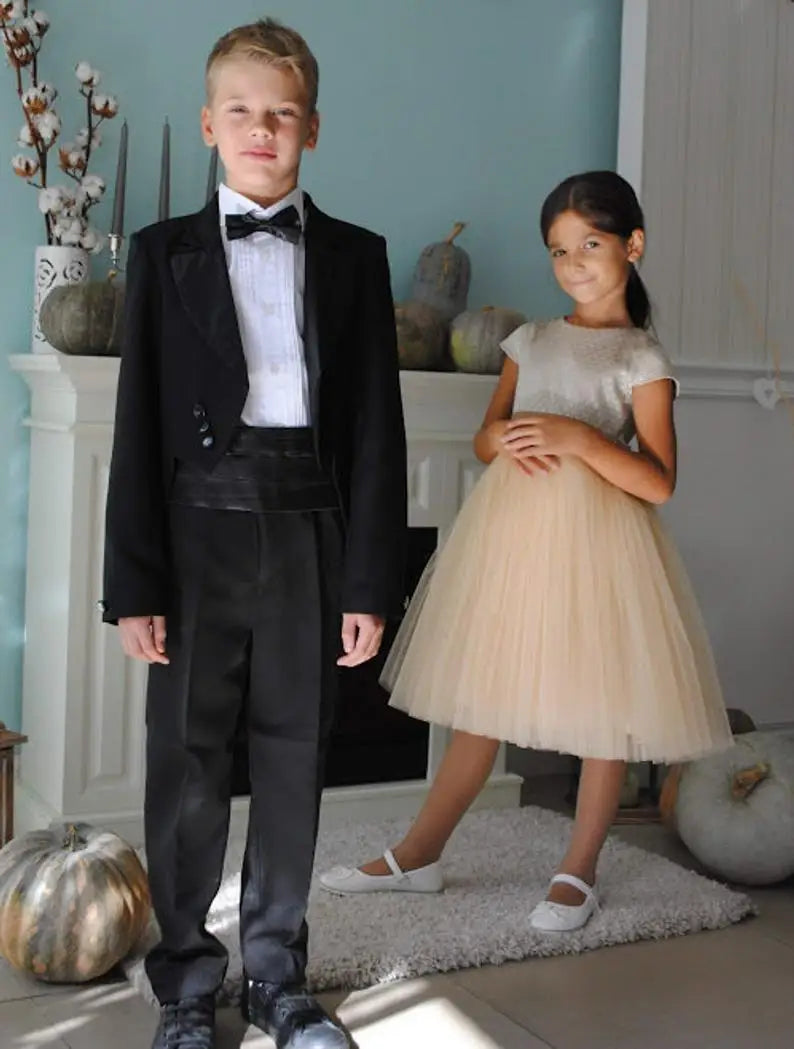 Traje formal negro de 2 piezas para niño, para boda, con solapa con muesca, para niño pequeño, para boda, graduación, esmoquin (chaqueta y pantalones) 