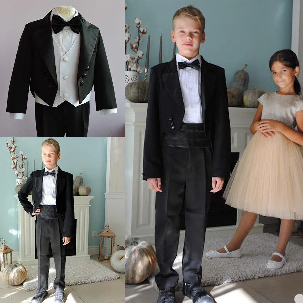 Traje formal negro de 2 piezas para niño, para boda, con solapa con muesca, para niño pequeño, para boda, graduación, esmoquin (chaqueta y pantalones) 