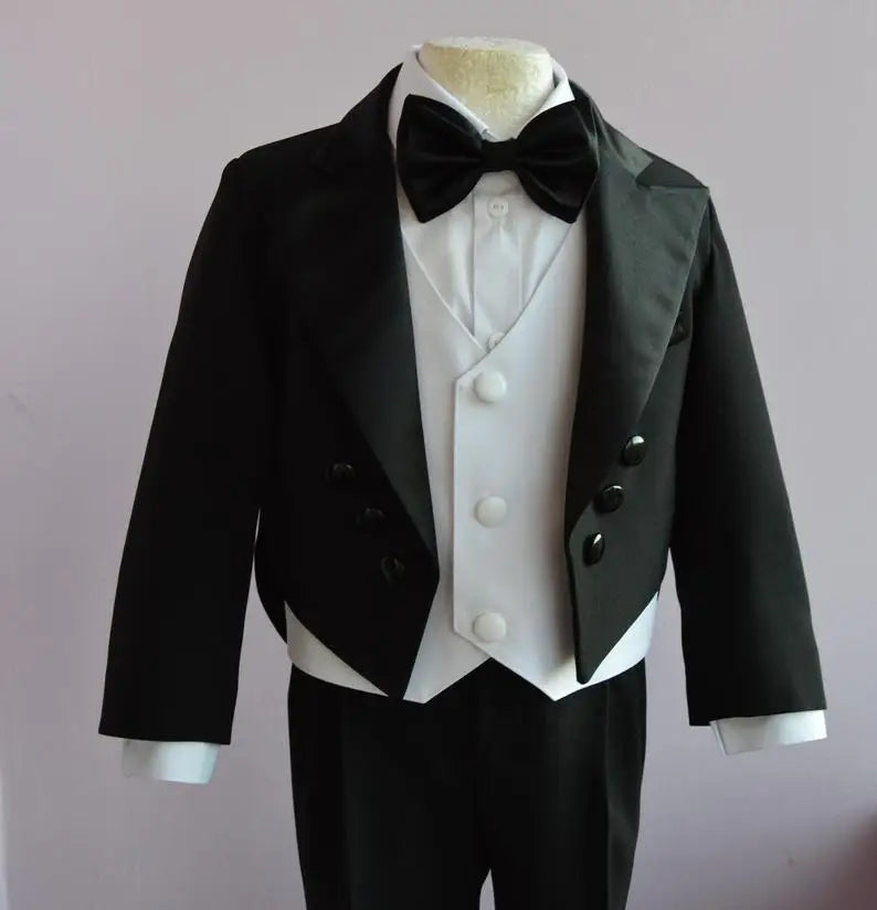 Traje formal negro de 2 piezas para niño, para boda, con solapa con muesca, para niño pequeño, para boda, graduación, esmoquin (chaqueta y pantalones) 