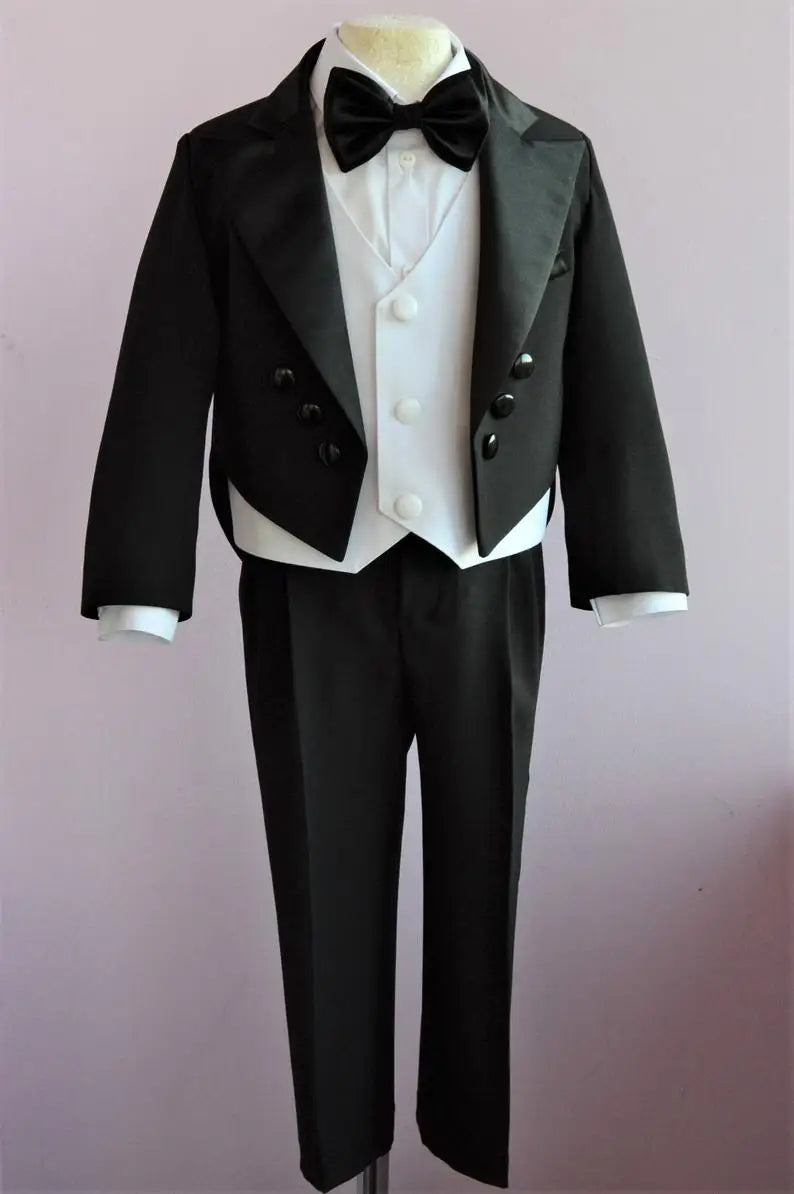 Traje formal negro de 2 piezas para niño, para boda, con solapa con muesca, para niño pequeño, para boda, graduación, esmoquin (chaqueta y pantalones) 