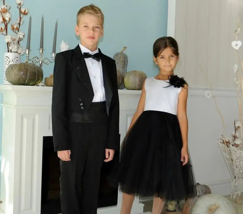 Traje formal negro de 2 piezas para niño, para boda, con solapa con muesca, para niño pequeño, para boda, graduación, esmoquin (chaqueta y pantalones) 