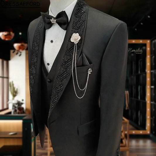 Costume 3 pièces pour homme, élégant et décontracté, avec perles noires, pour soirée, mariage, smoking