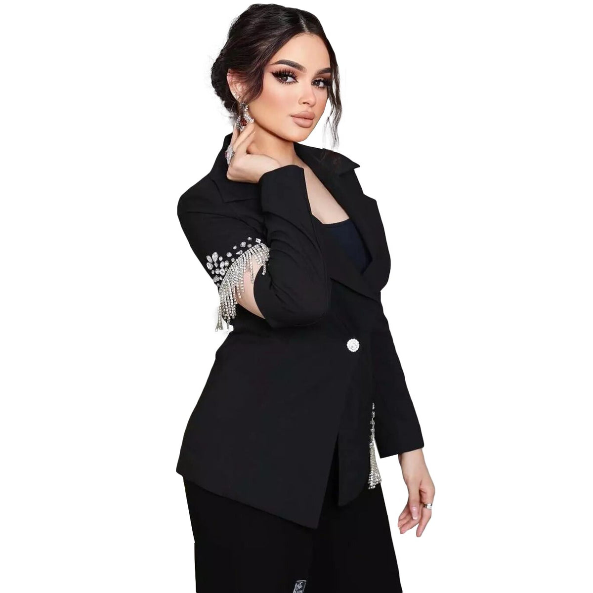 Black Beading Women Pants Suits 2 Pieces Plus Size Prom Evening Party Wear Celebrity Dressing