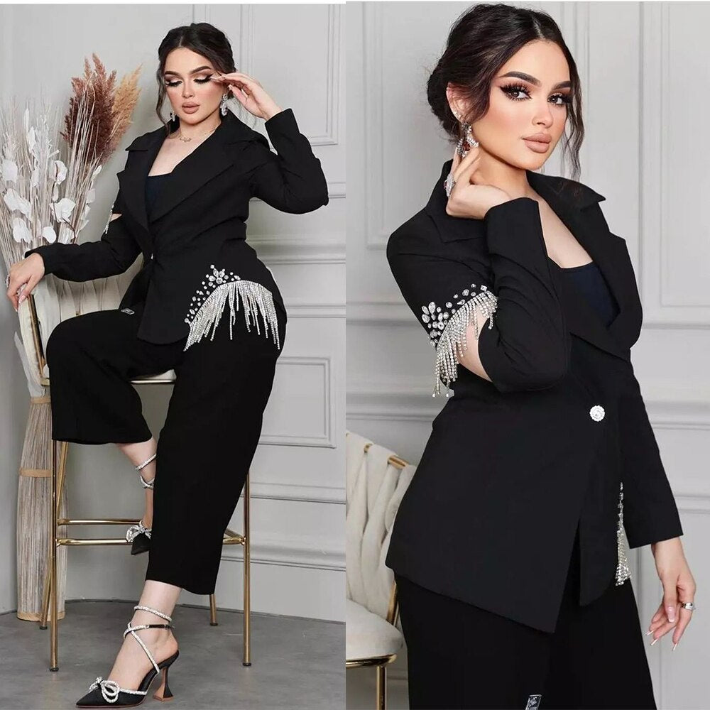 Black Beading Women Pants Suits 2 Pieces Plus Size Prom Evening Party Wear Celebrity Dressing