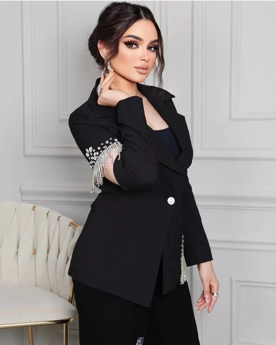 Black Beading Women Pants Suits 2 Pieces Plus Size Prom Evening Party Wear Celebrity Dressing