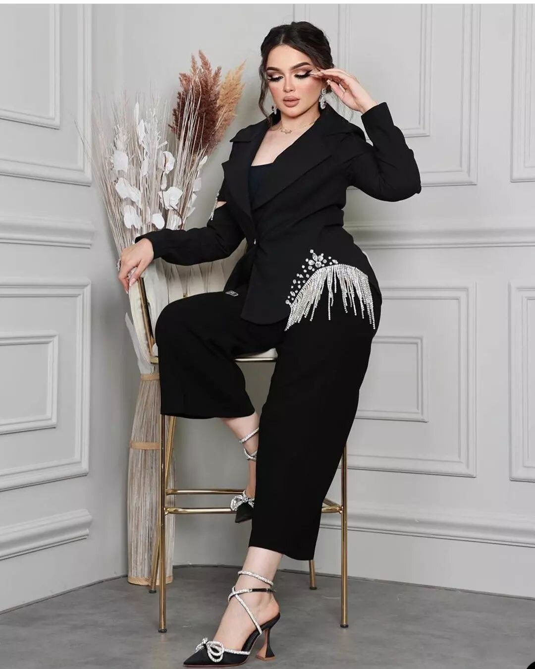 Black Beading Women Pants Suits 2 Pieces Plus Size Prom Evening Party Wear Celebrity Dressing