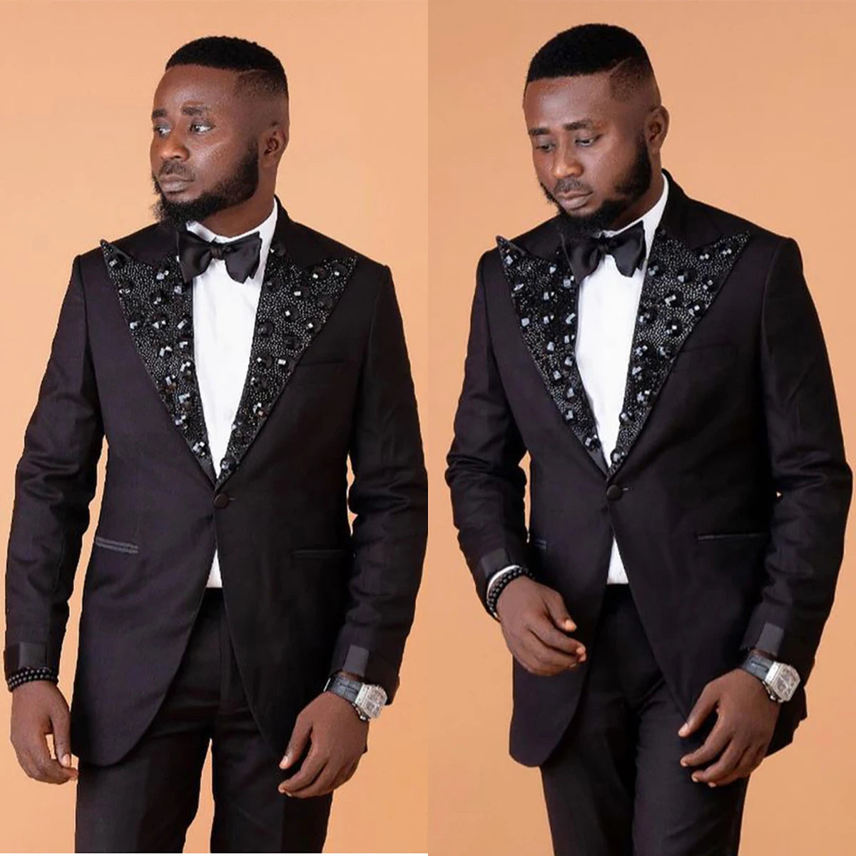 Smoking de mariage pour homme avec perles noires, coupe classique, veste à un bouton, tenue de soirée formelle pour homme, 2 pièces