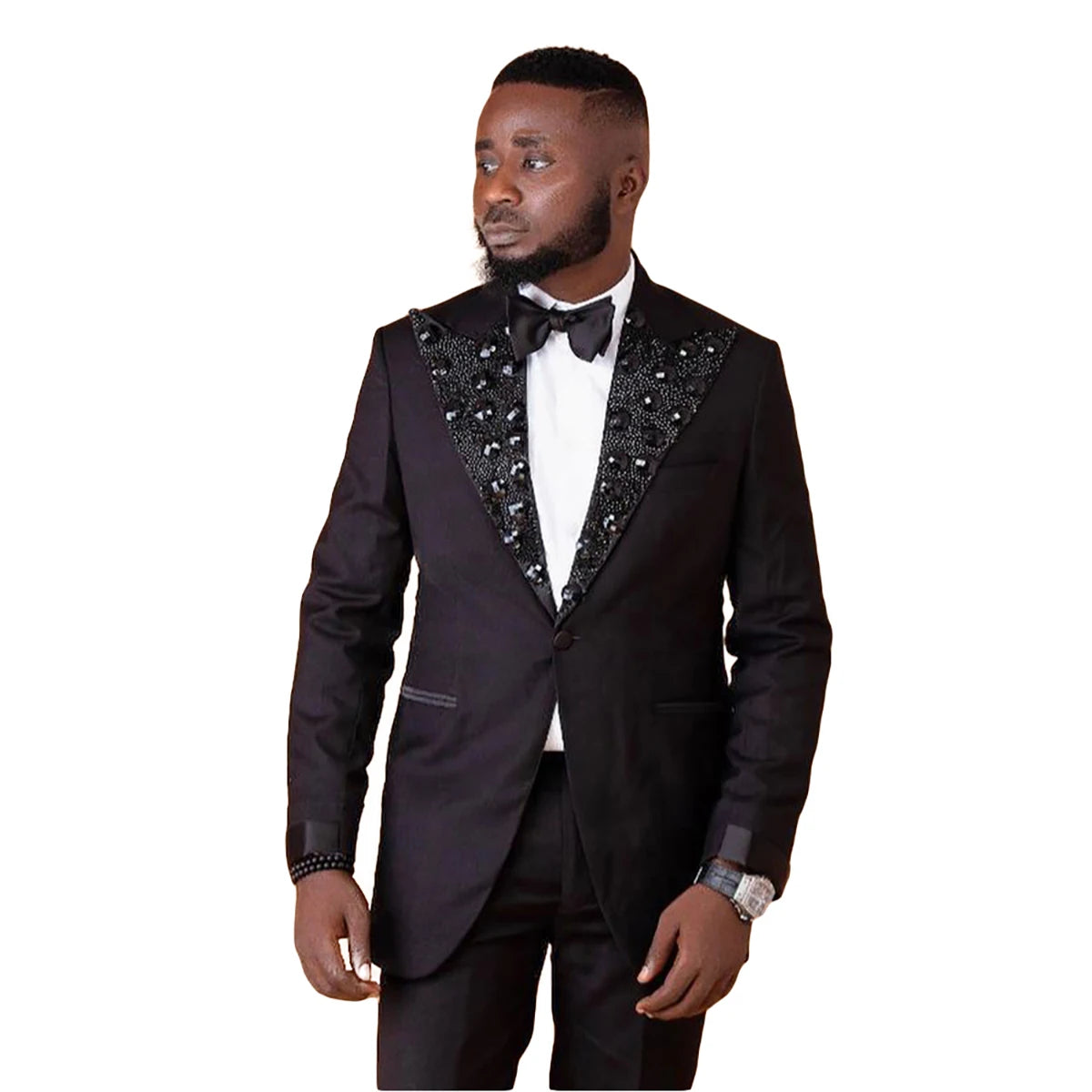Smoking de mariage pour homme avec perles noires, coupe classique, veste à un bouton, tenue de soirée formelle pour homme, 2 pièces