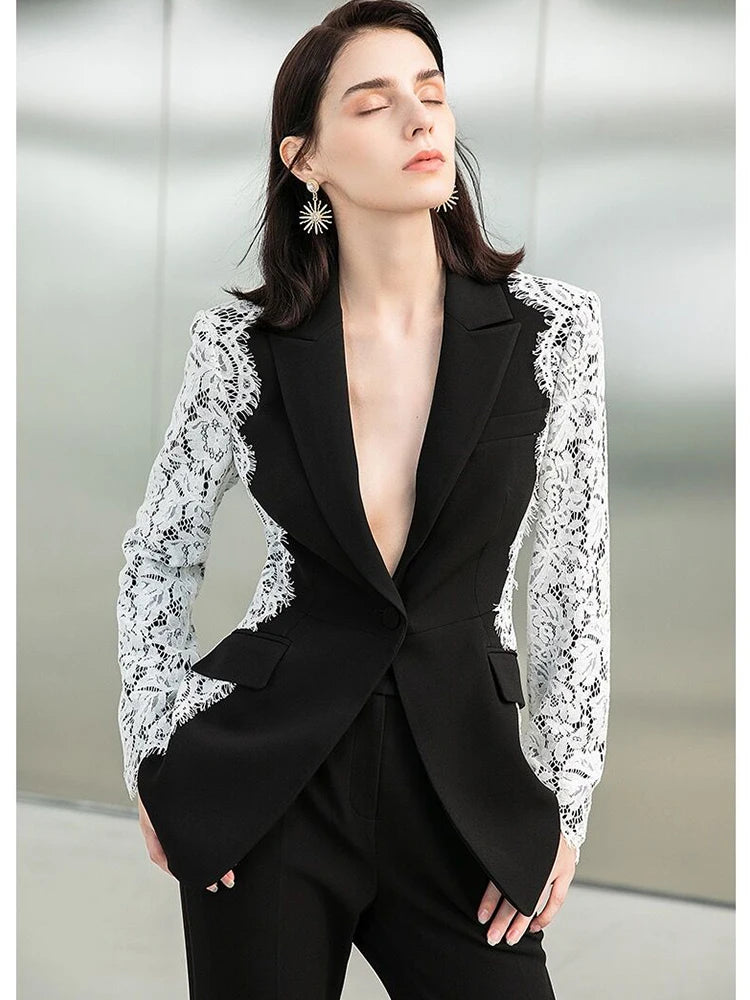 Black Blazers with Lace Sleeve for Women Weddings New Fashion Slim Fit One Button Lace Panel Sleeve Coat Suit Formal Blazer