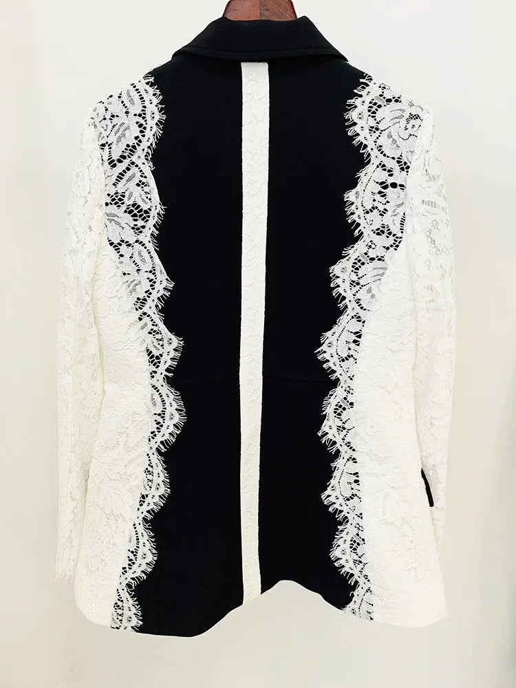 Black Blazers with Lace Sleeve for Women Weddings New Fashion Slim Fit One Button Lace Panel Sleeve Coat Suit Formal Blazer