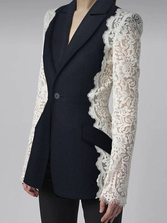 Black Blazers with Lace Sleeve for Women Weddings New Fashion Slim Fit One Button Lace Panel Sleeve Coat Suit Formal Blazer