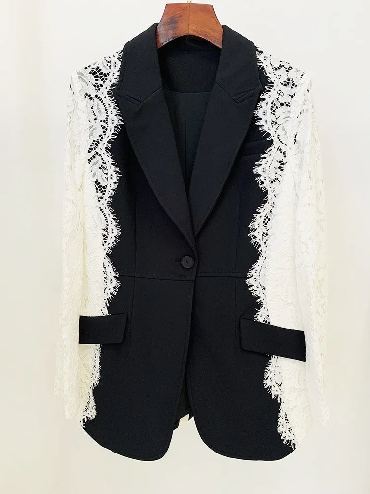 Black Blazers with Lace Sleeve for Women Weddings New Fashion Slim Fit One Button Lace Panel Sleeve Coat Suit Formal Blazer