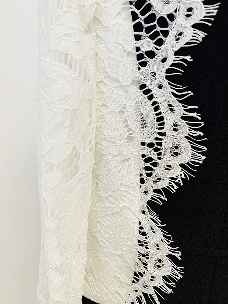 Black Blazers with Lace Sleeve for Women Weddings New Fashion Slim Fit One Button Lace Panel Sleeve Coat Suit Formal Blazer