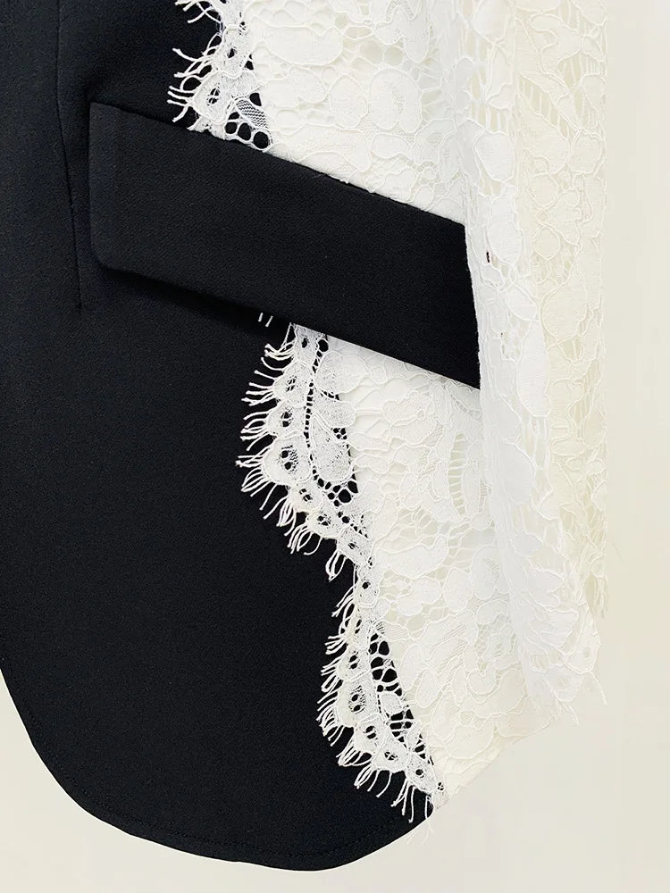 Black Blazers with Lace Sleeve for Women Weddings New Fashion Slim Fit One Button Lace Panel Sleeve Coat Suit Formal Blazer