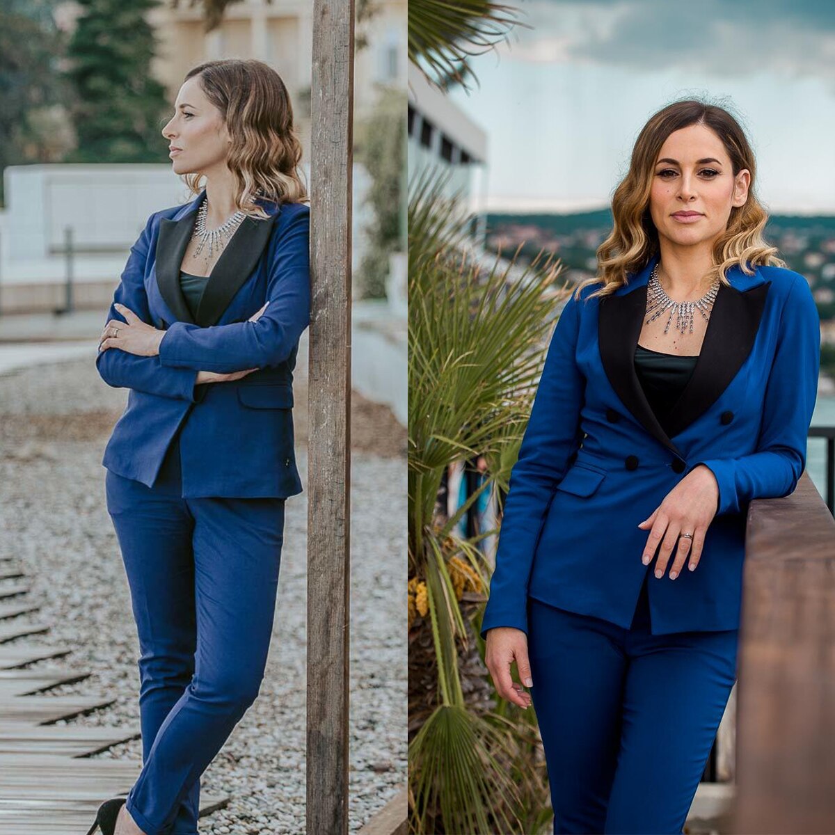 Ensemble 2 pièces noir et bleu pour femme, coupe slim, tenue de soirée, de soirée, de mariage, pour mère de la mariée 