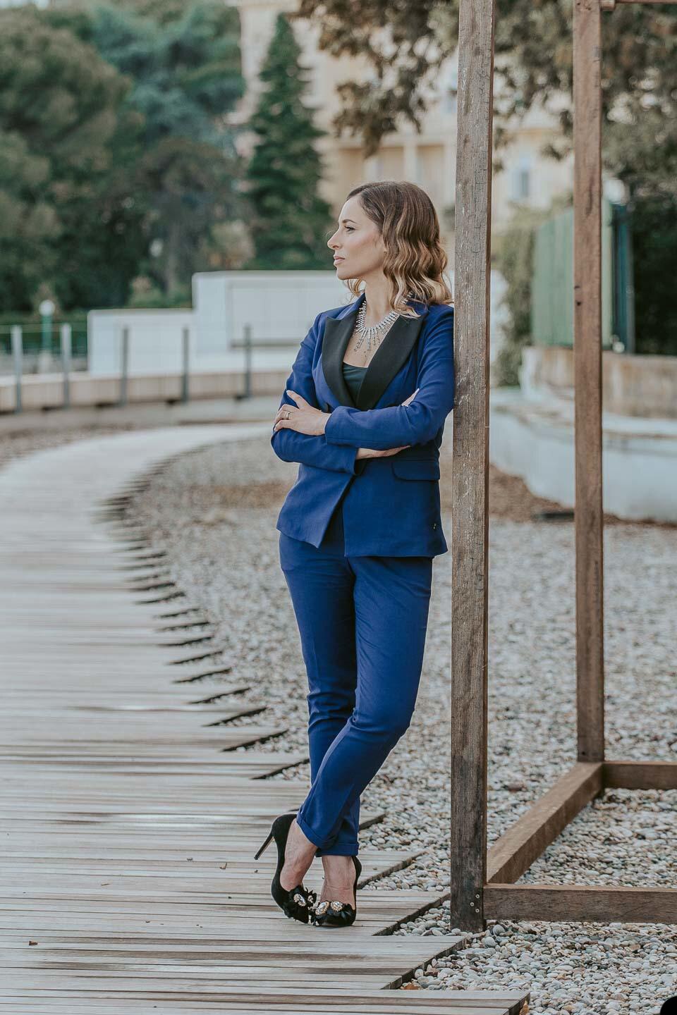 Ensemble 2 pièces noir et bleu pour femme, coupe slim, tenue de soirée, de soirée, de mariage, pour mère de la mariée 