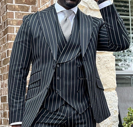 Black Classic Business Men Suits With Three Pieces Jacket Vest Pants Stripe Custom Made Designer Wedding Formal Occasion