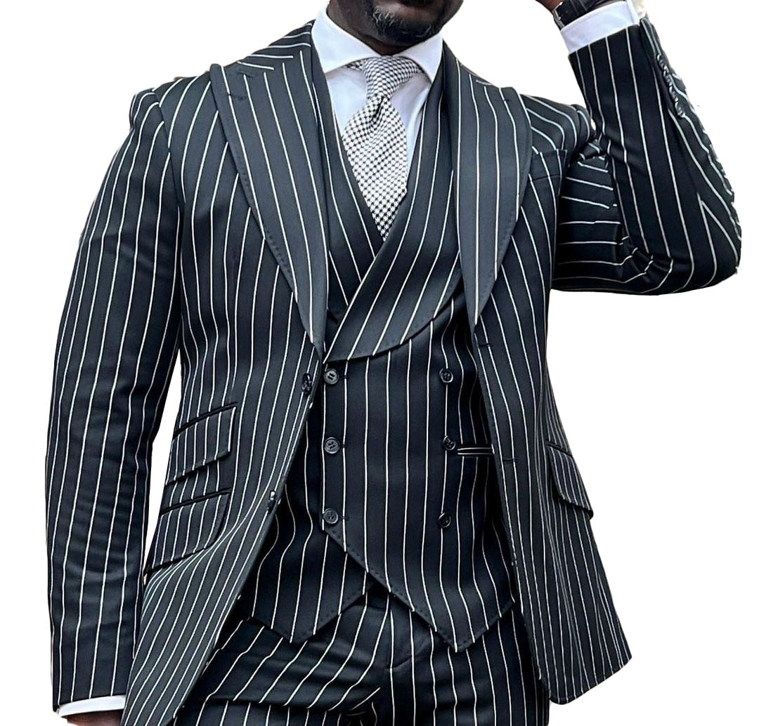 Costume classique noir pour homme d'affaires, veste trois pièces, gilet, pantalon, rayures, sur mesure, créateur, mariage, occasion formelle 